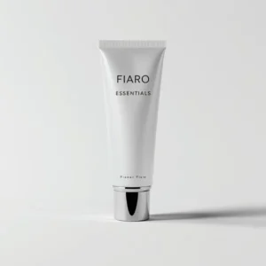 A minimalist white tube of FIARO skincare product on a white background.