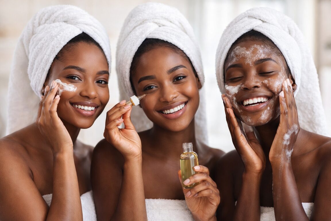 Three women with towels on their heads applying skincare products and smiling.