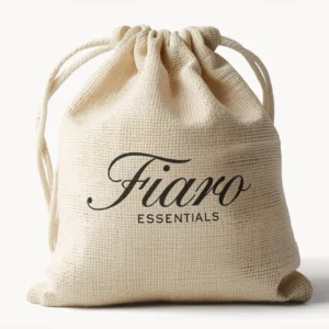 A beige drawstring pouch with 'Fiaro Essentials' printed on it.