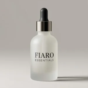 Minimalist dropper bottle labeled 'FIARO ESSENTIALS' on a neutral background.